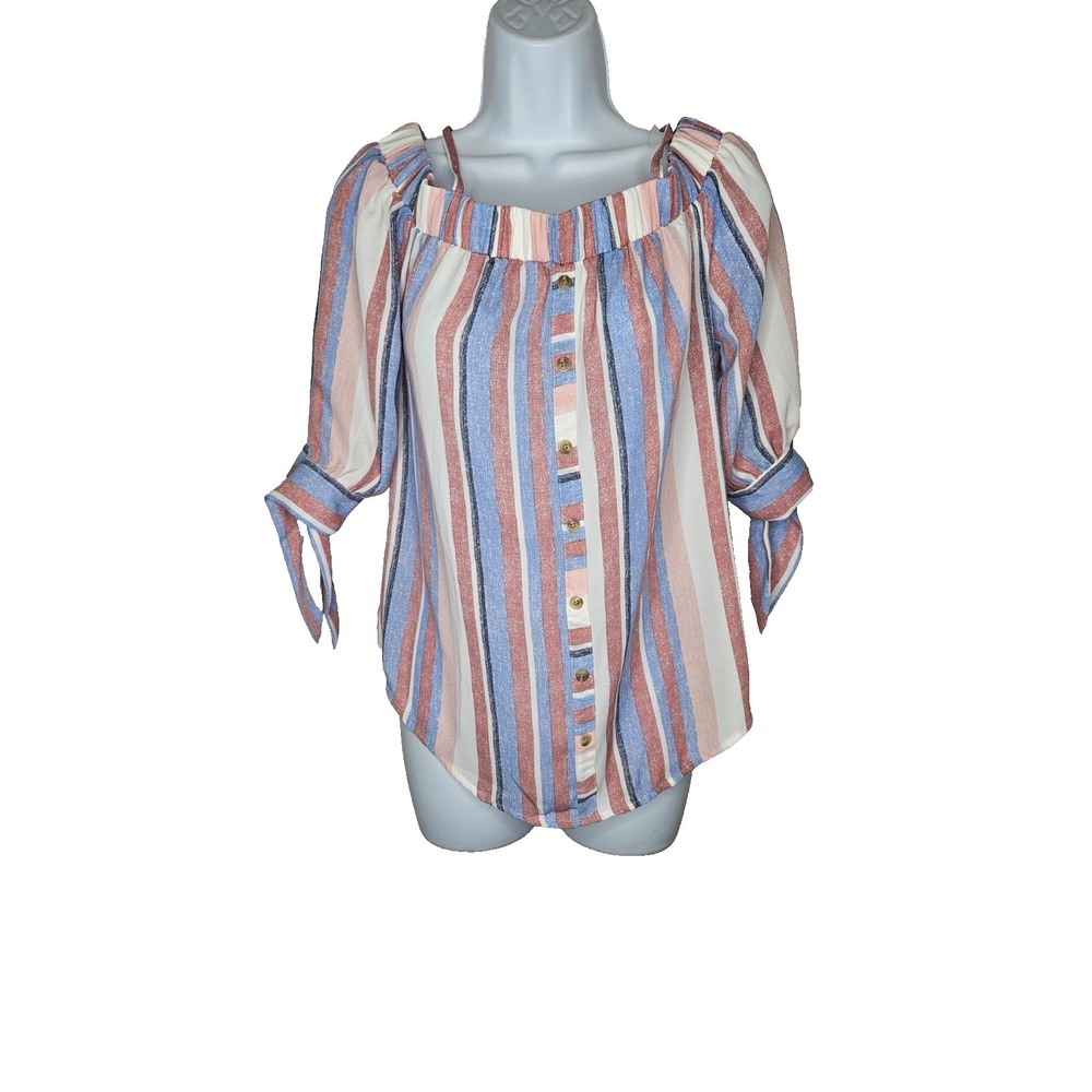 Off Shoulder Striped Peasant Top XS Blue Pink‎ White Boho Cottagecore Tie Sleeve
